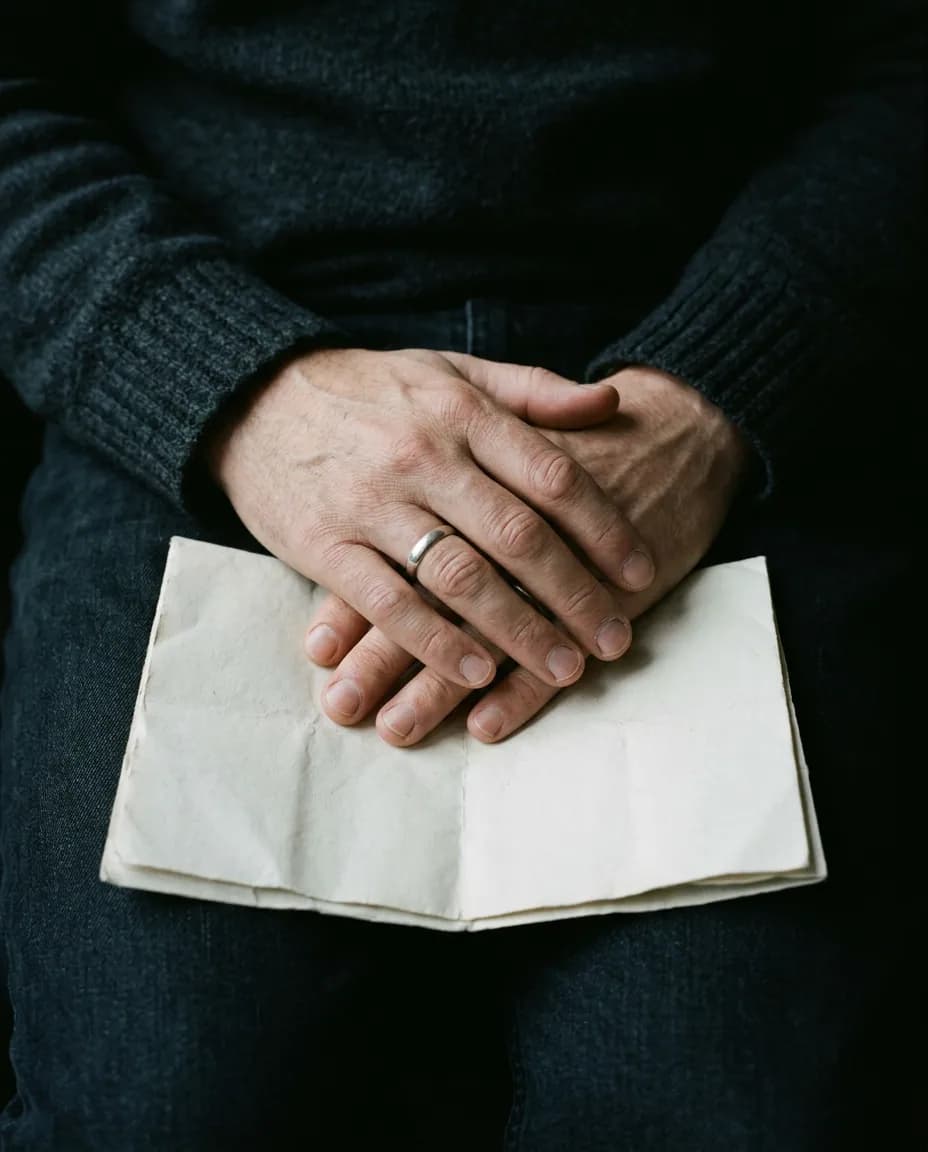 Two hands resting on a folded sheet of paper