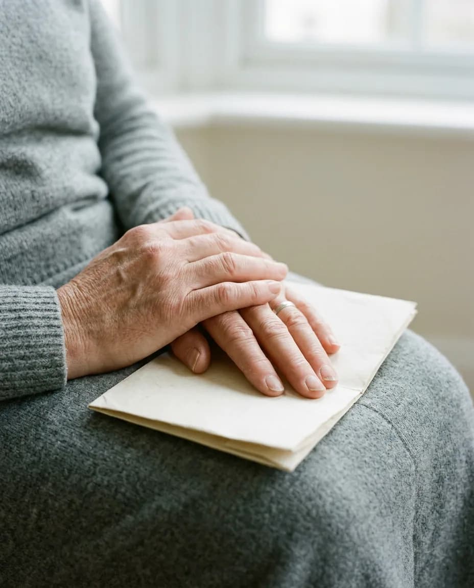 Two hands resting on a folded sheet of paper