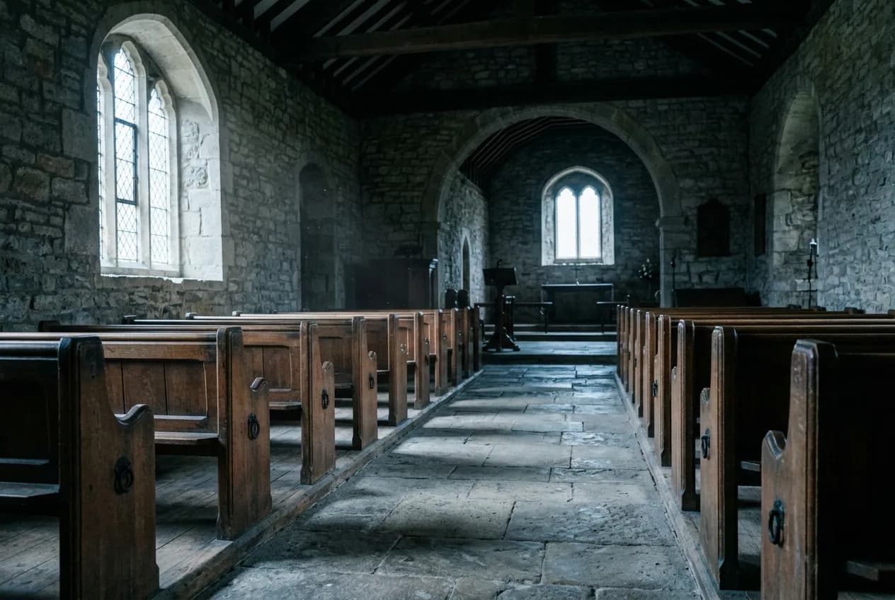 Empty wooden chapel pews in winter light