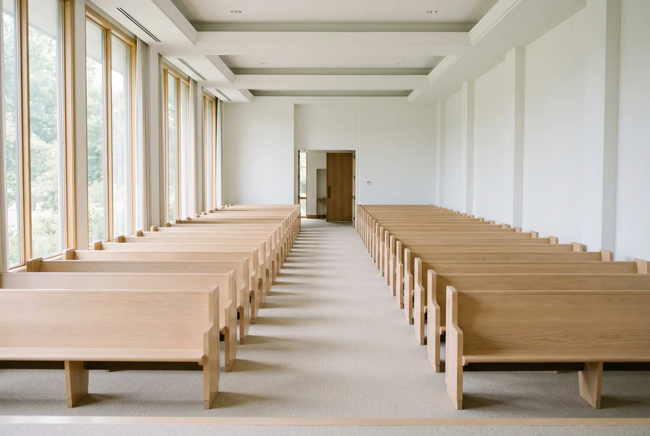 Empty pale wood pews in a bright, plain modern chapel