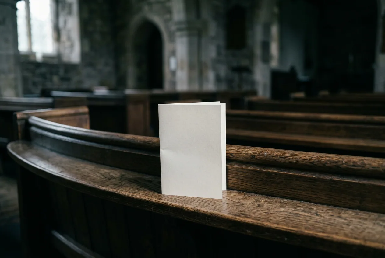 A folded order-of-service program left on an empty chapel seat