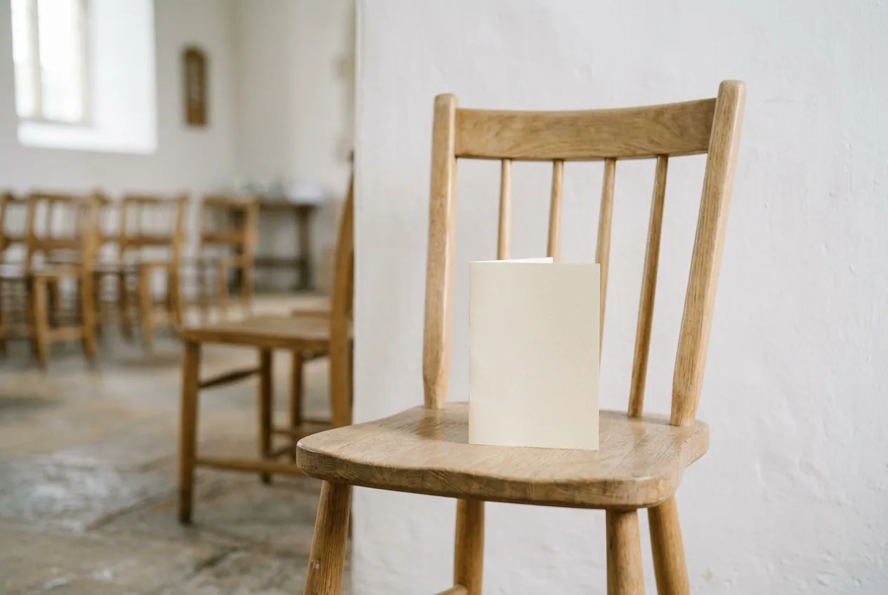 A folded order-of-service program left on an empty chapel seat