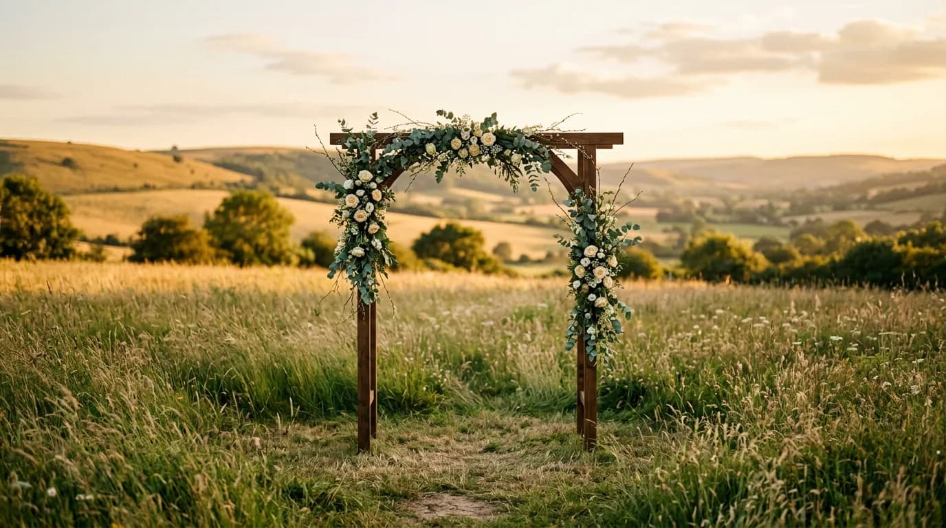 A flower-covered wedding arch standing alone in an open field at the end of the afternoon