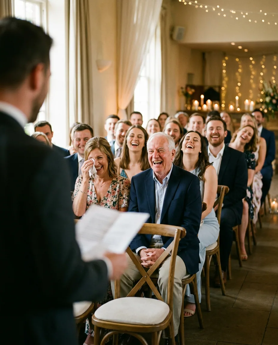 Rows of wedding guests laughing at something the officiant has just said