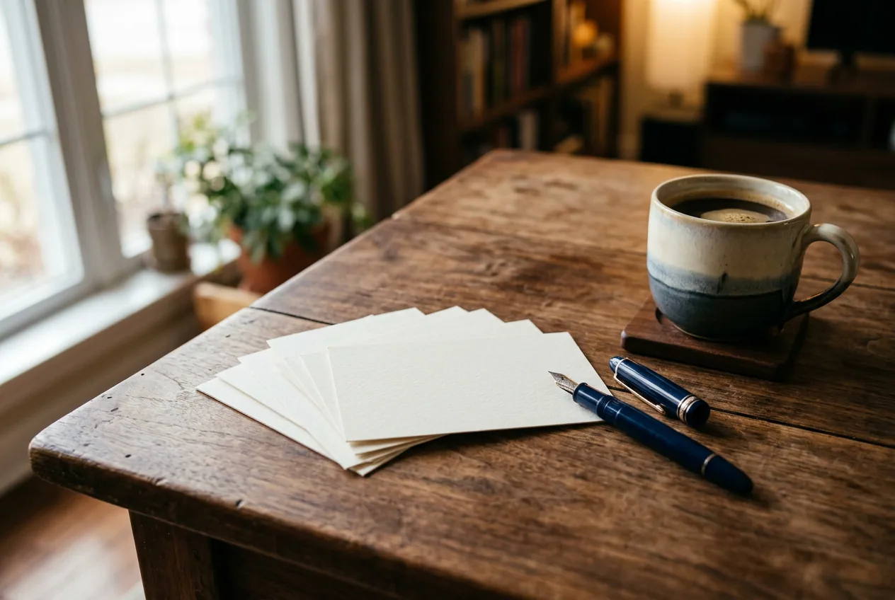 A fan of blank index cards on a wooden table beside a pen